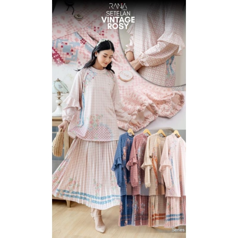 One Set Setelan Rok Plisket Premium Dan Blouse Wanita Motif Vintage Rosy