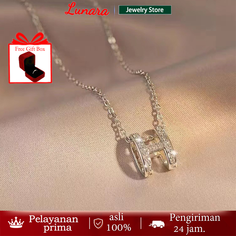 【Free Gift Box】Kalung Titanium Wanita  Anti Karat Liontin Huruf H Perak Sterling Desain Klasik Premi
