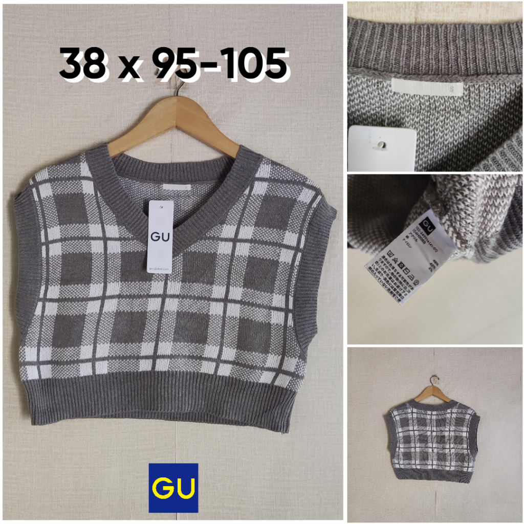 Vest GU by Uniqlo Abu Motif Kotak Size S Wanita Atasan Cewek Outer Rompi Knit JH800