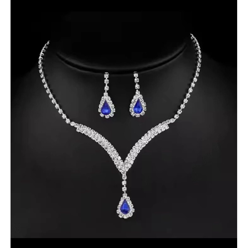 set kalung anting pesta berlian biru imitasi