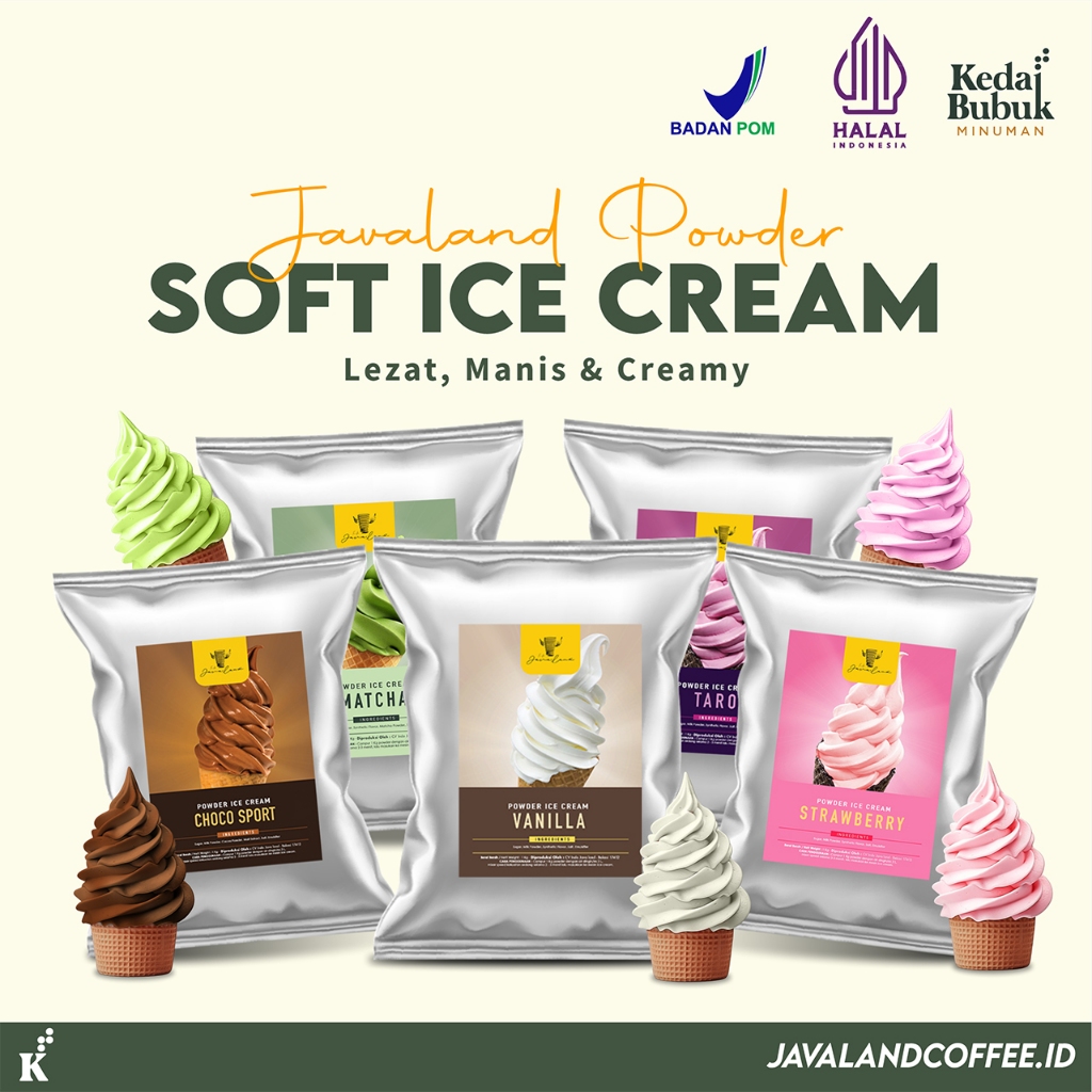 

Javaland Bubuk Ice Cream Varian Rasa 1kg | Vanilla , Choco Sport / Coklat , Strawberry , Taro, Matcha | Bubuk Es Krim Kekinian