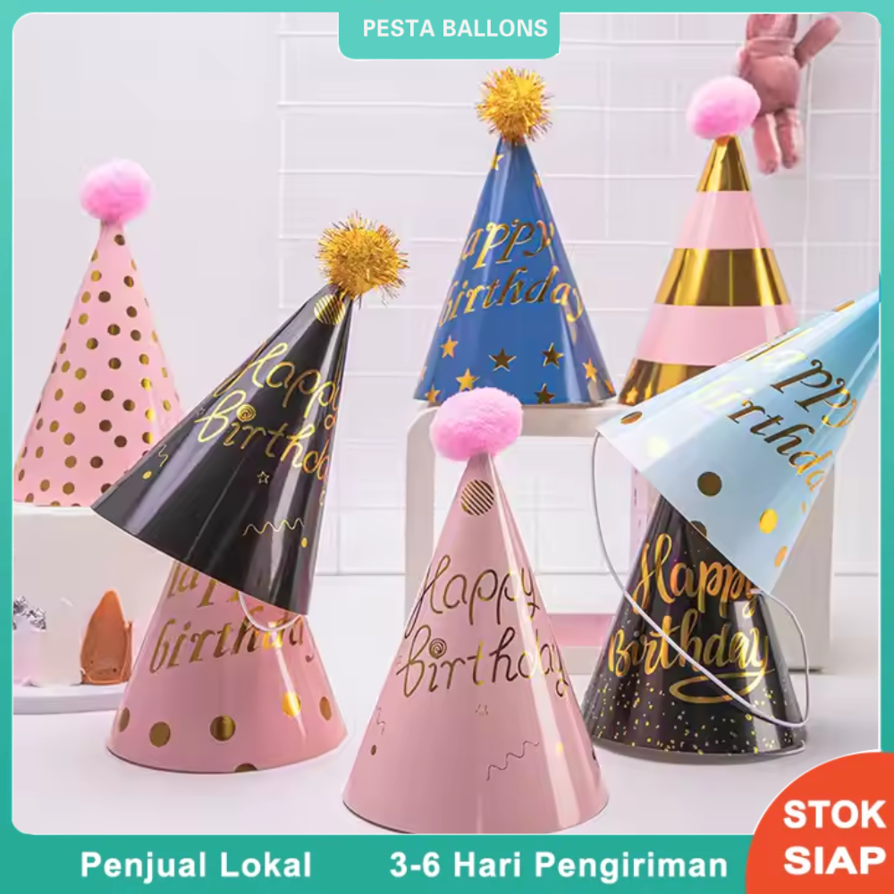 Topi Ulang Tahun Merah Muda Emas Hitam Kertas Selamat untuk Dekorasi Pesta Ulang Tahun Anak-Anak