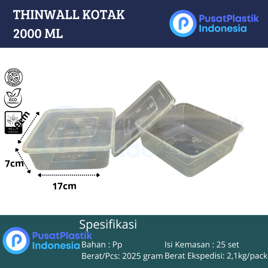 Thinwall Klir 2000ml | Kotak Makan Plastik 2000ml KLIR SQUARE SQ @25set