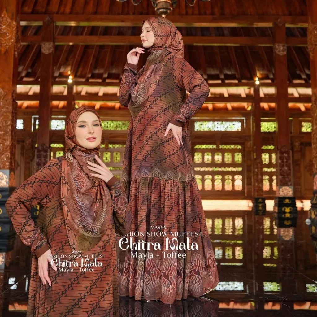 Set Gamis Dress Ceruty Babydoll Printing Motif Batik Premium Syari Branded Mewah Masya Syari Origina