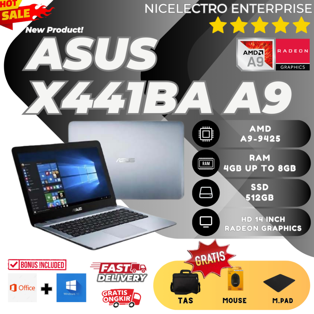 LAPTOP ASUS VIVOBOOK X441BA | AMD A9-9425 | RAM 4GB | SSD 512GB | DVD | WINDOWS OFFICE | FREE BONUS