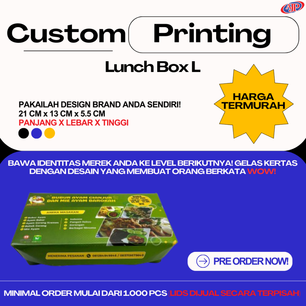 Lunch Box L Premium Custom Printing Kemasan Makanan Takeaway Kotak Kue Paper Food Container Catering