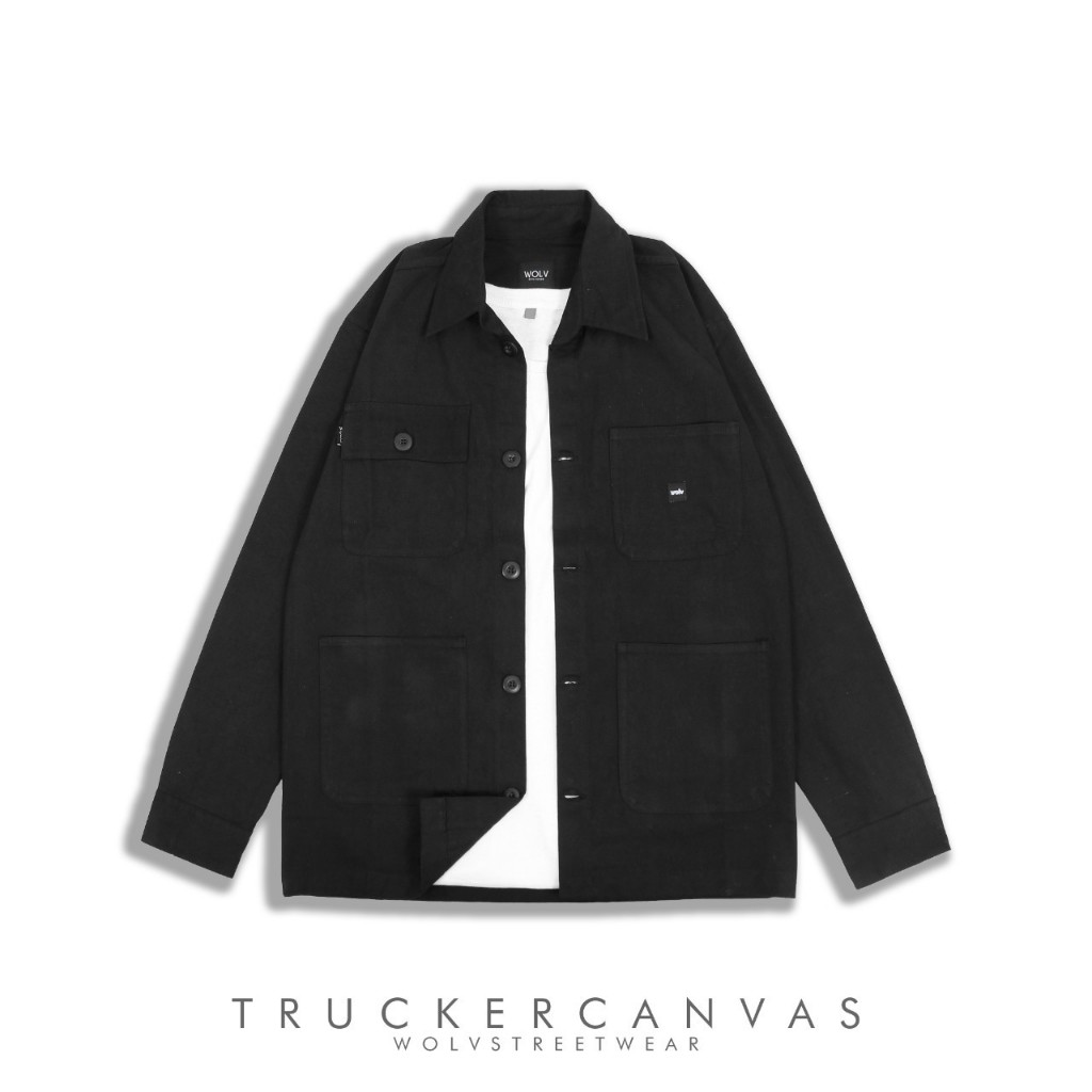SIXTEEN - Trucker Canvas Jacket Outer Unisex Hitam Original Wolv Terbaru / Field Jacket