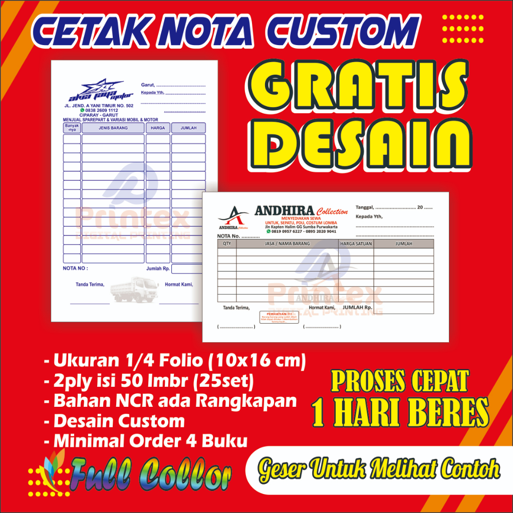 

CETAK NOTA CUSTOM 2 PLY NAMA SENDIRI UKURAN SEDANG ¼ POLIO Nota custom murah RJG.Printex