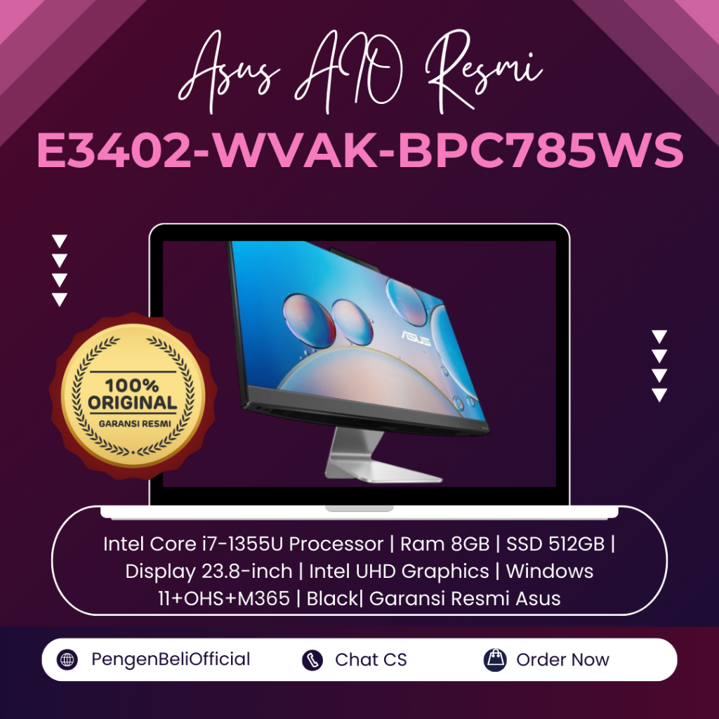 INTEL CORE I7 GEN 13 - AIO TERBARU ASUS E3402-WVAK-BPC785WS - RAM 8GB - SSD 512GB - KEY+MOUSE - 23.8