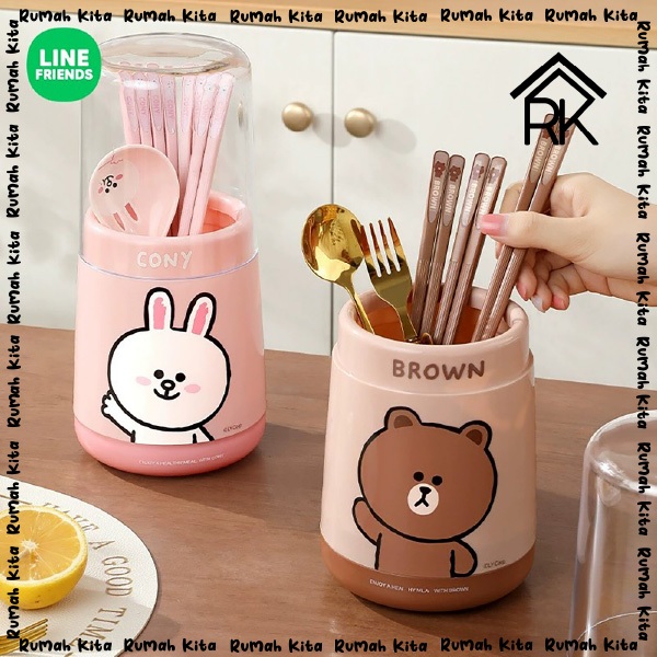 LINE FRIENDS - TEMPAT SENDOK MAKAN GARPU SUMPIT MOTIF BROWN BEAR DENGAN TUTUP CUTLERY CASE