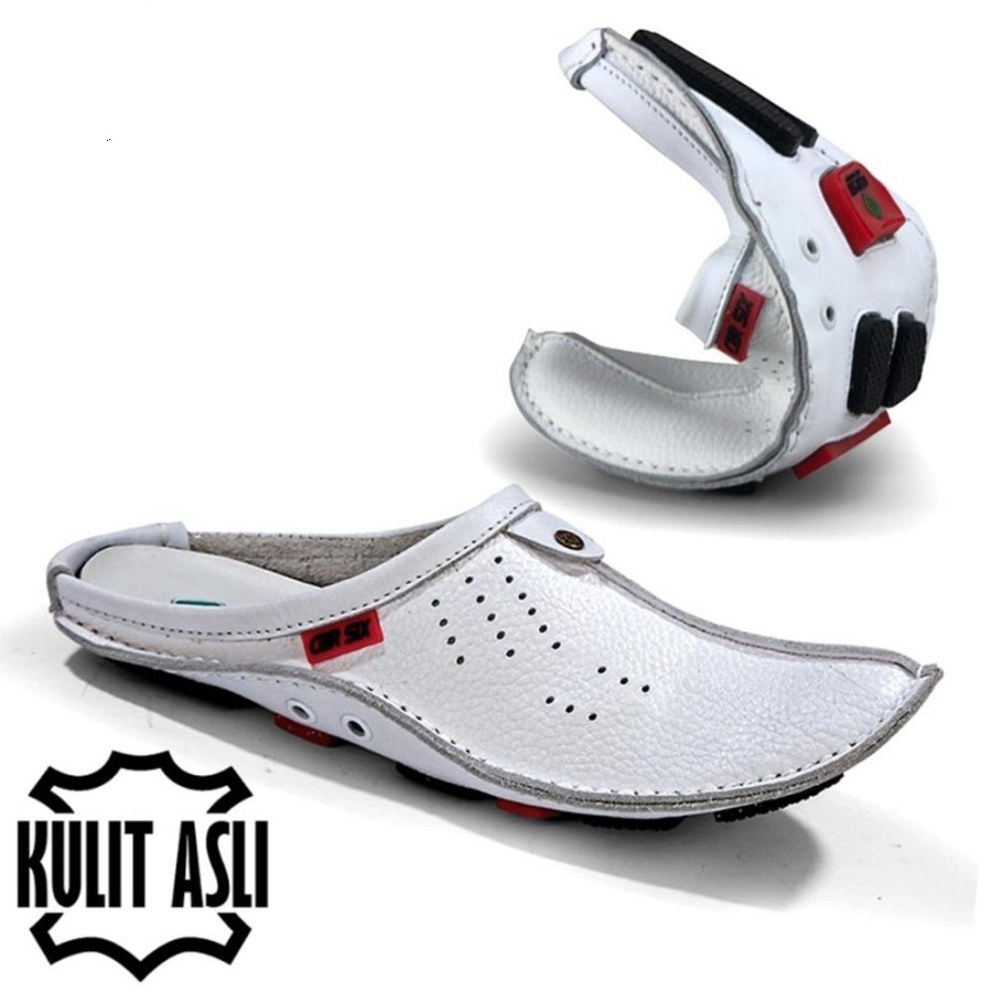 Sepatu Selop Bustong Pria Kulit Asli Sepatu Sandal Bustong Warna Putih Kulit Sapi Super Elastis