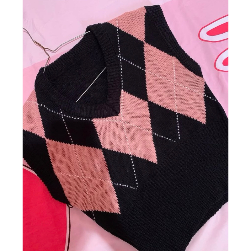 Korean Diamond Plaid Knit Vest Crop Top Rompi Rajut Korea