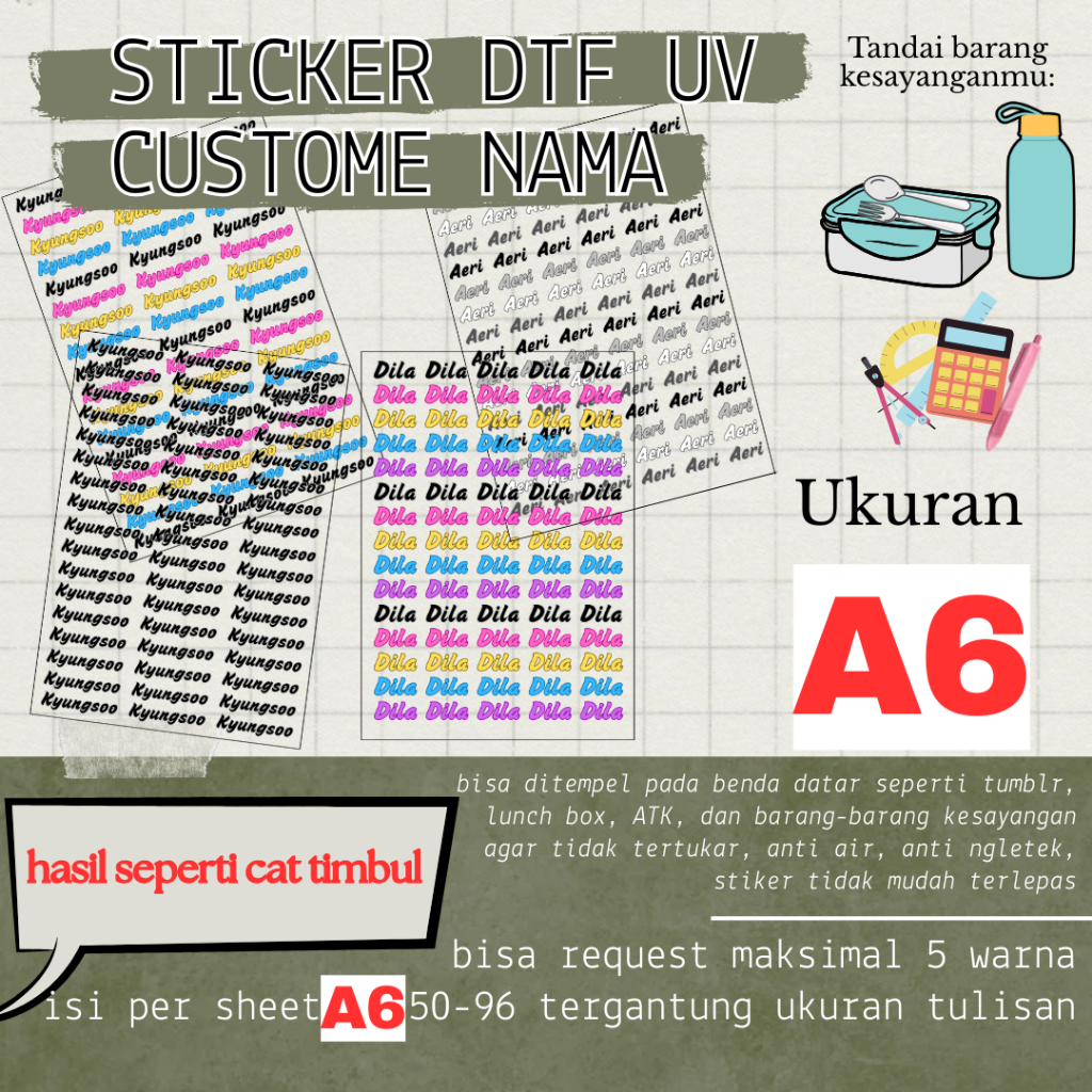

Sticker DTF UV Custome Nama Waterproof Cat Timbul Anti Ngeletek || Penanda barang anti tertukar