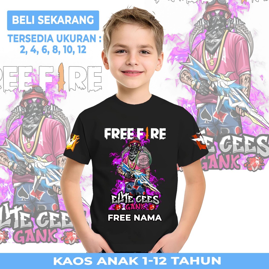Baju Anak Tambah Nama Gratis| Kaos Karakter Game Free Fire Api Ungu | Tshirt Distro Premium FF Terba