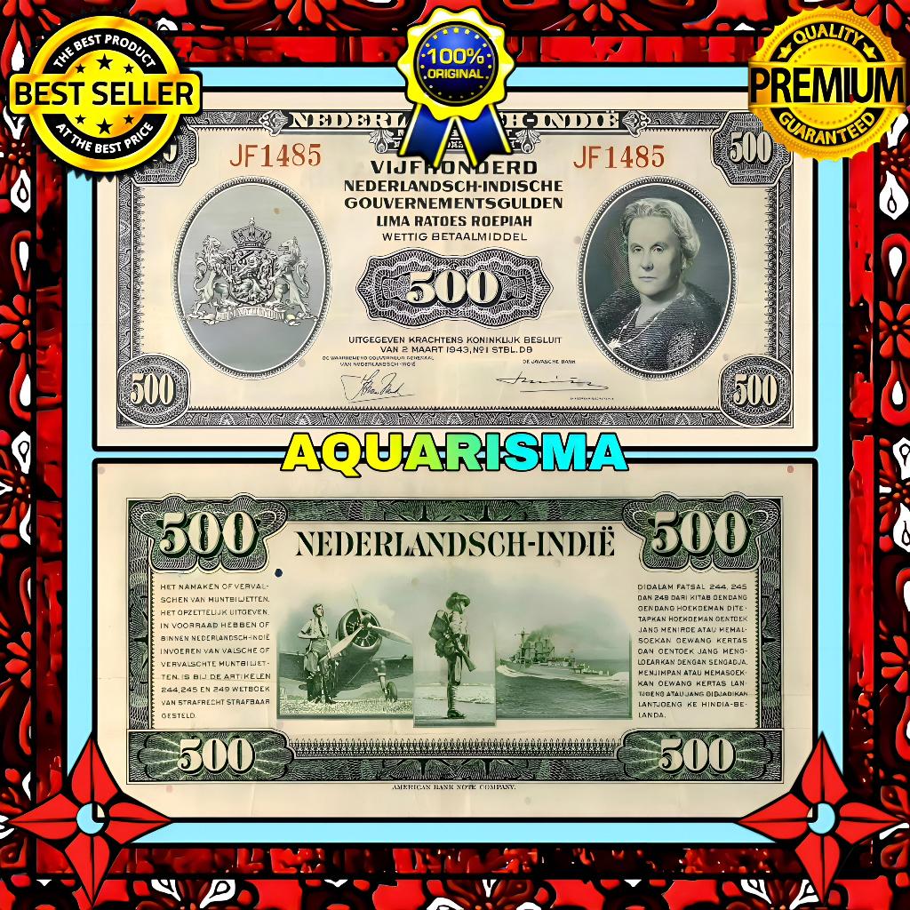 KOLEKSI NUMISMATIK - KERTAS UANG KUNO 500 GULDEN HINDIA BELANDA WILHELMINA 1943