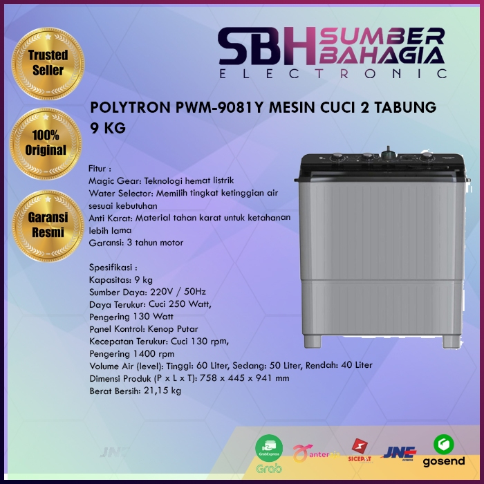 POLYTRON PWM-9081Y MESIN CUCI 2 TABUNG 9 KG (NEW) (KHUSUS BANDUNG)