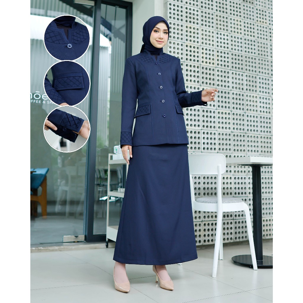 Seragam Kerja Baju Dinas Guru Biru Dongker Standar Stik Kotak Wanita Setelan Rok.A Poliester Free Hi