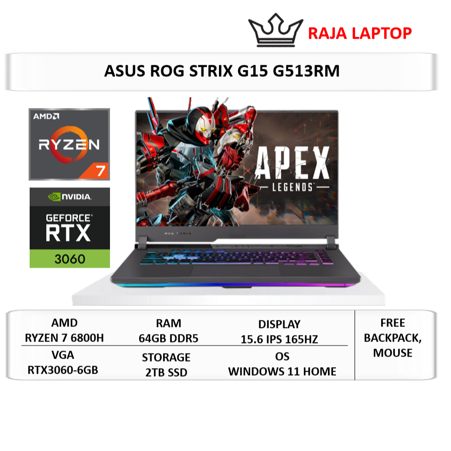 Laptop Gaming Asus ROG Strix G15 Amd Ryzen 7 6800H Ram 64GB SSD 2TB RTX3060-6GB 15.6" WQHD Win11