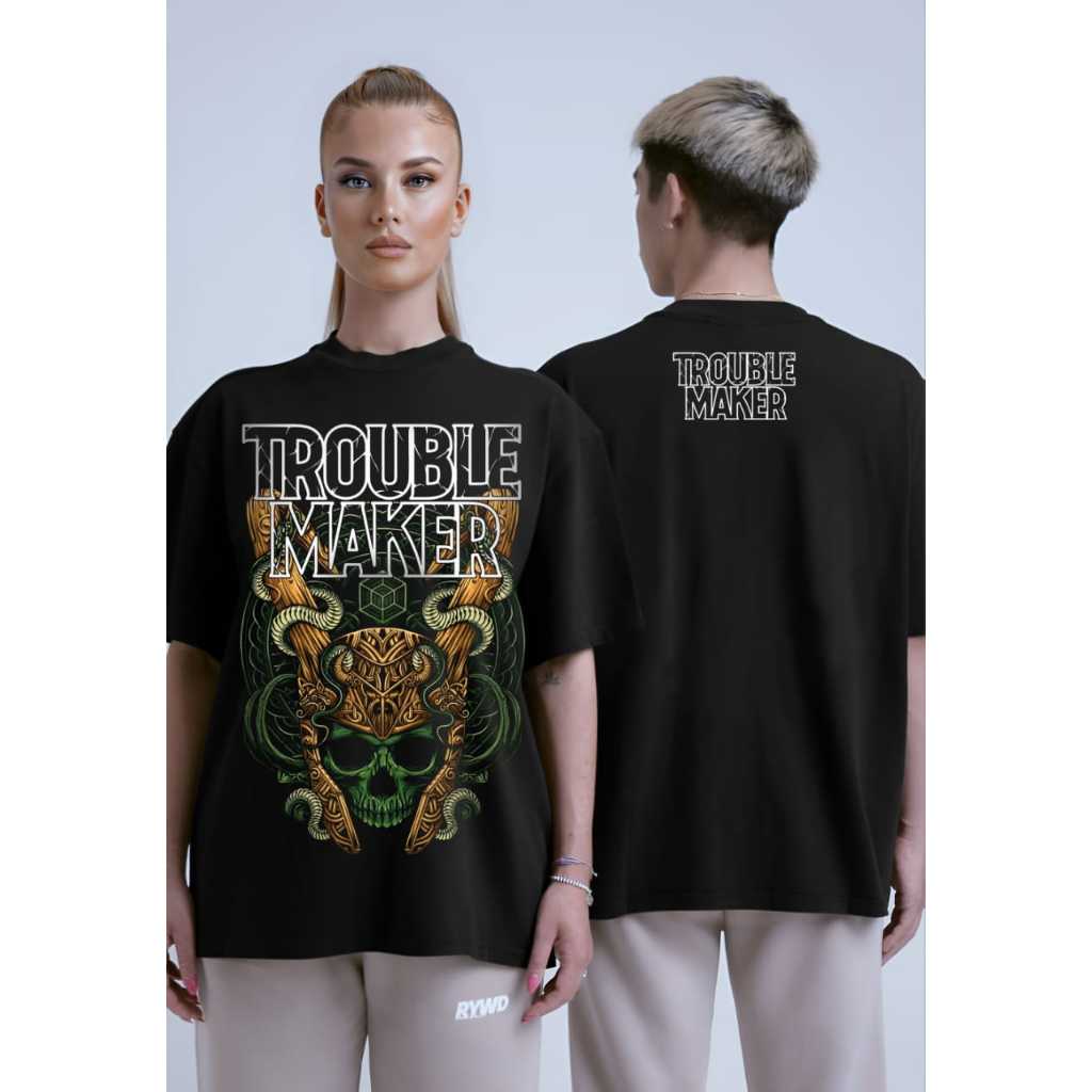 Kaos Oversize Tengkorak Pria Trouble Maker Baju Kaos Distro Tengkorak Unisex Pria Wanita Ronwe Store