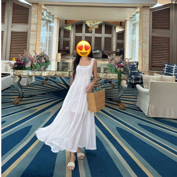 PRELOVED LONG DRESS WHITE / MAXI BASIC DRESS / DRESS PANJANG PUTIH WANITA TANPA LENGAN