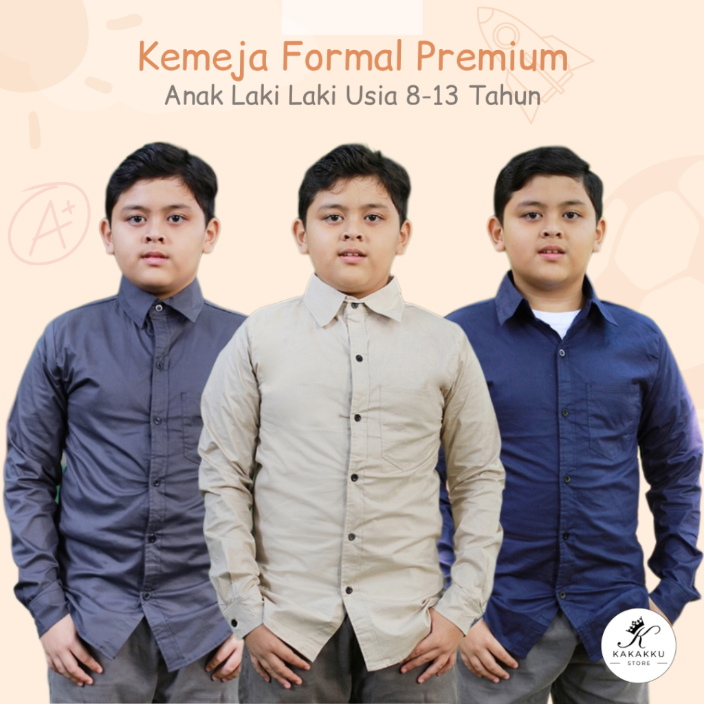 Kemeja Premium Anak Laki Laki Umur 8-13 Tahun Lengan Panjang Polos Bahan Katun Stretch Lentur Nyaman