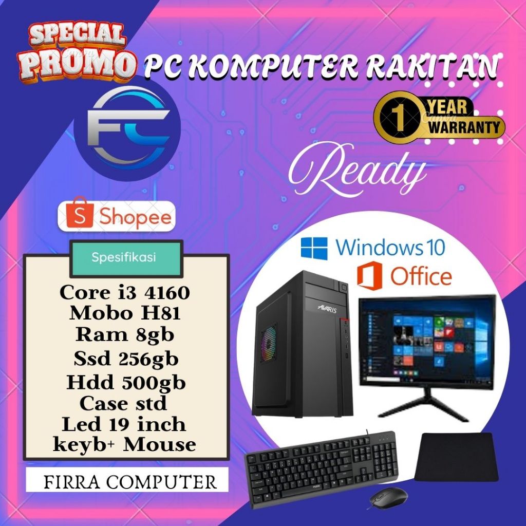 PC KOMPUTER FULL SET INTEL CORE I3 4160 MOBO H81 DDR3 8GB SSD 256GB HDD 500GB CASE STANDAR LED 19 IN