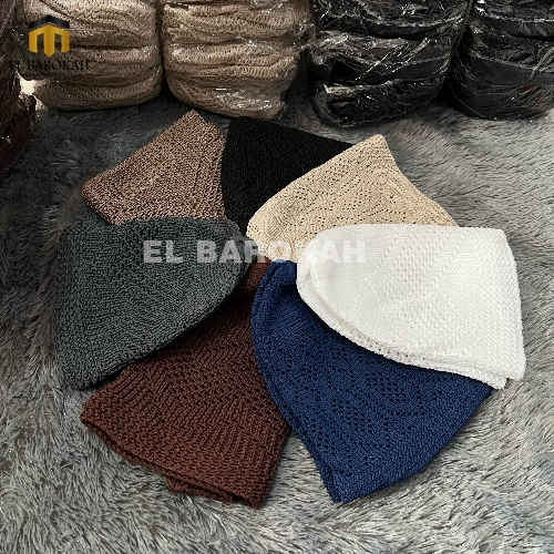 ELBAROKAH99 Peci Kopiah Rajut Tebal Warna Putih Dan Motif Untuk Oleh Haji Umroh Lentur Size Dewasa A