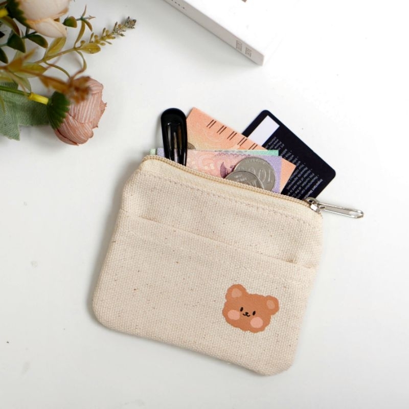 SANDAE Korean Canvas Mini Pouch | Dompet Wanita Kanvas Cute Korean Style | Dompet Koin Mini Resletin