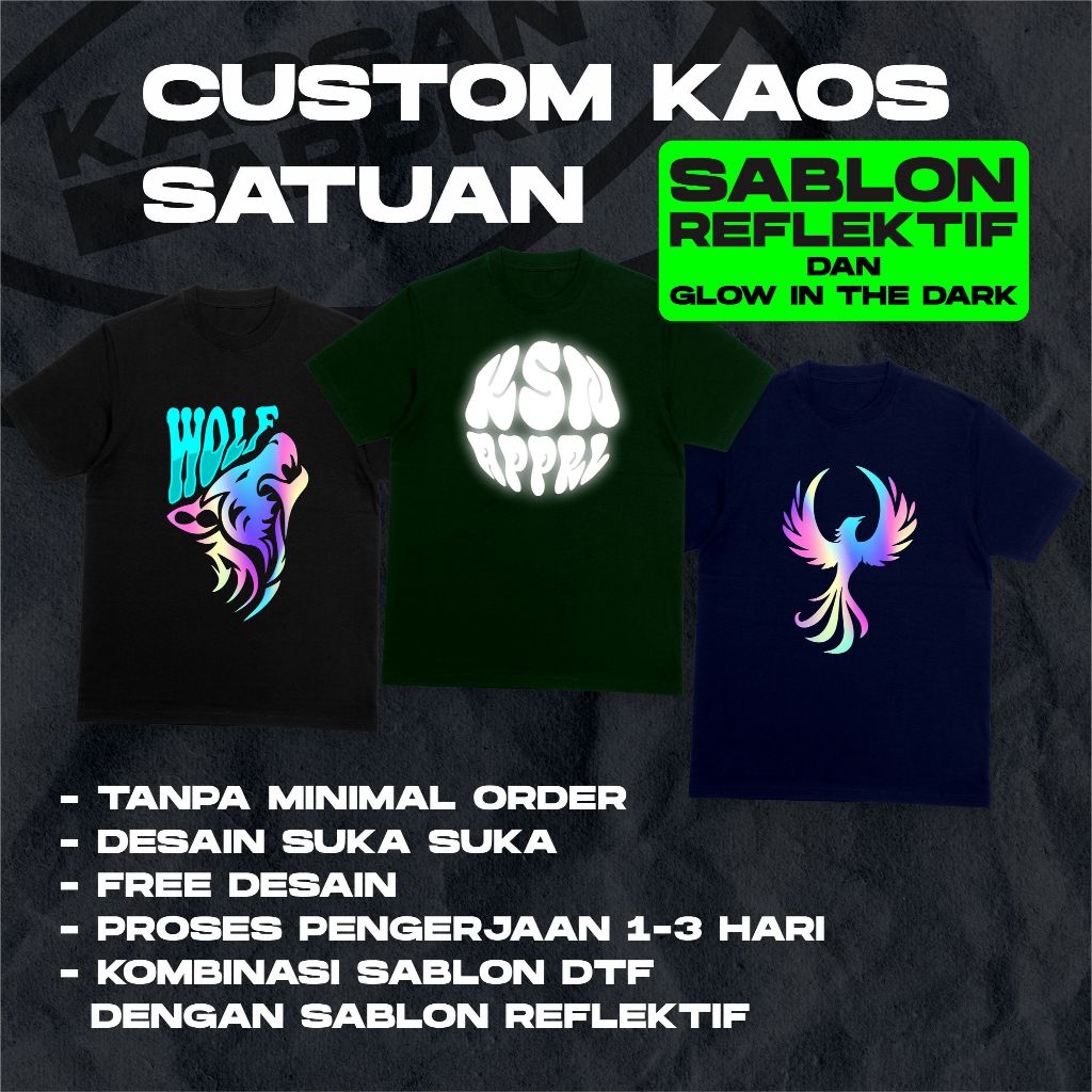 Kaos Custom Satuan Sablon Hologram Reflektif / Custom Kaos Nyala Hologram / Sablon Satuan Glow In th