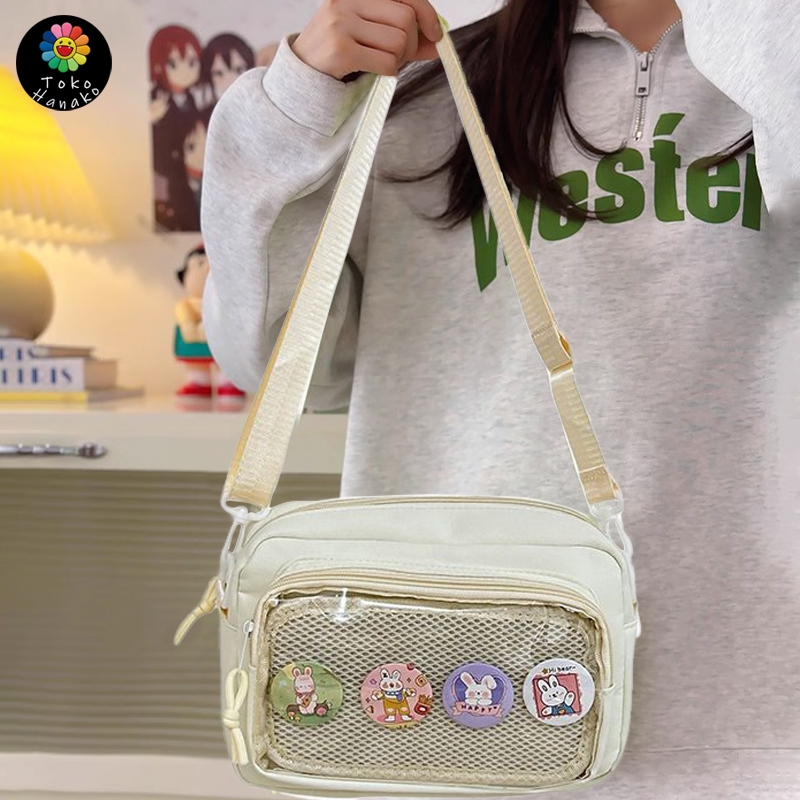 [New] Tas Slingbag Wanita Jepang Style Ita Bag Desain Kotak Trendy Pin Badge Cosplay & Daily Use