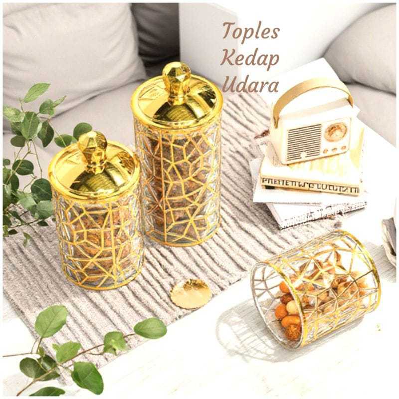 Toples Set Mewah 3pcs Snack Makanan Aesthetic Penyimpanan Camilan Kue Botol Cantik Emas Kemasan Box