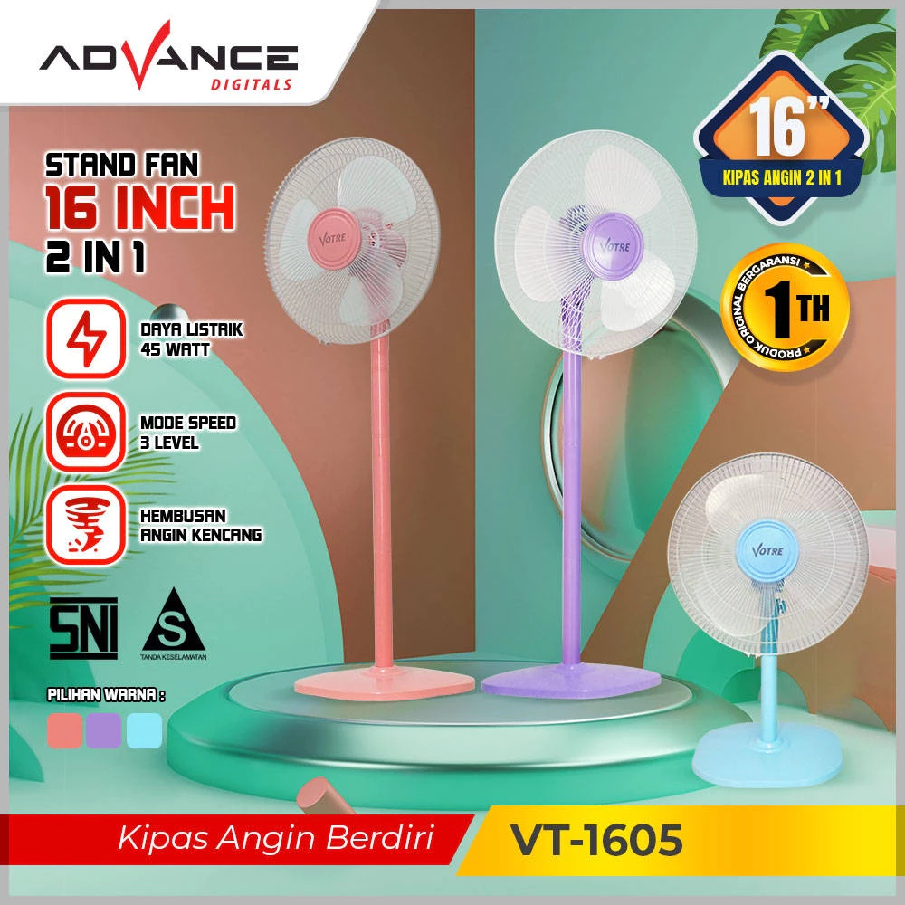 Kipas Angin Votre VT-1602 VT-1605 16" Stand Fan / Berdiri / Kipas Berdiri Advance VT1602 VT1605 16in