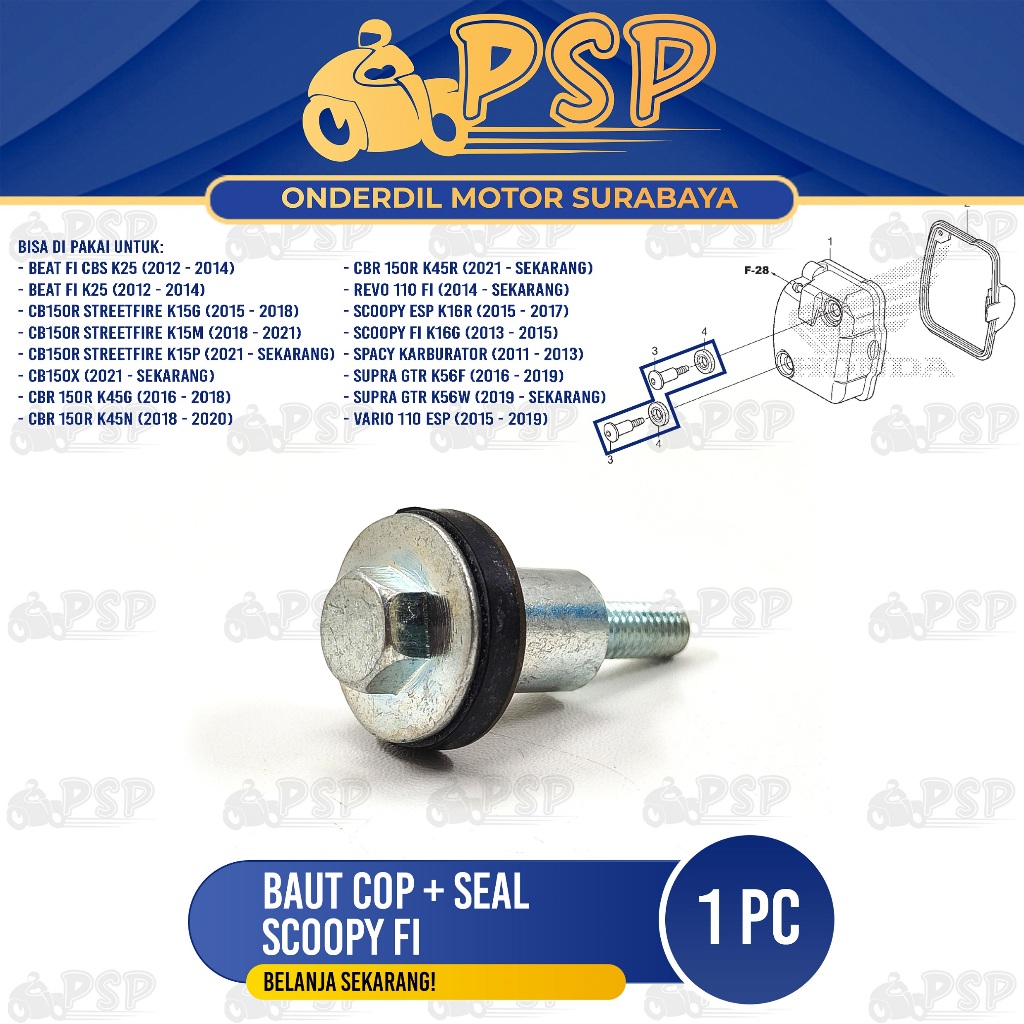 Baut Cop + Seal Scoopy FI - Baud Baut Tutup Silinder Head Kop + Karet Beat FI CB 150R Revo FI Spacy