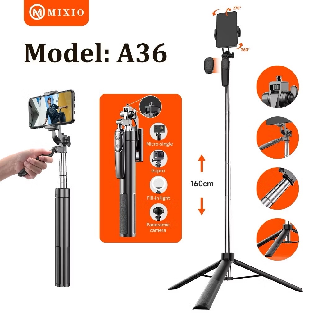 MIXIO A36 - 160CM Tongsis Bluetooth Selfie Stick Tripod with Remote