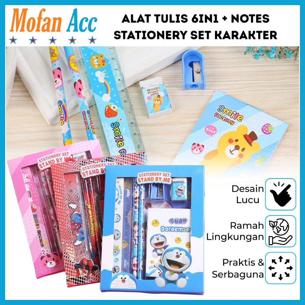 

Alat Tulis 6in1 + NOTES Karakter Lucu / Paket Lengkap Kotak Box Pensil Penghapus Penggaris Rautan Buku Gambar Kartun Imut / Set Mini Stationery Character Isi 6 Pcs ATK Perlengkapan Anak Sekolah Hadiah Kado Ulang Tahun Souvenir Spiderman Mickey Mouse Mini