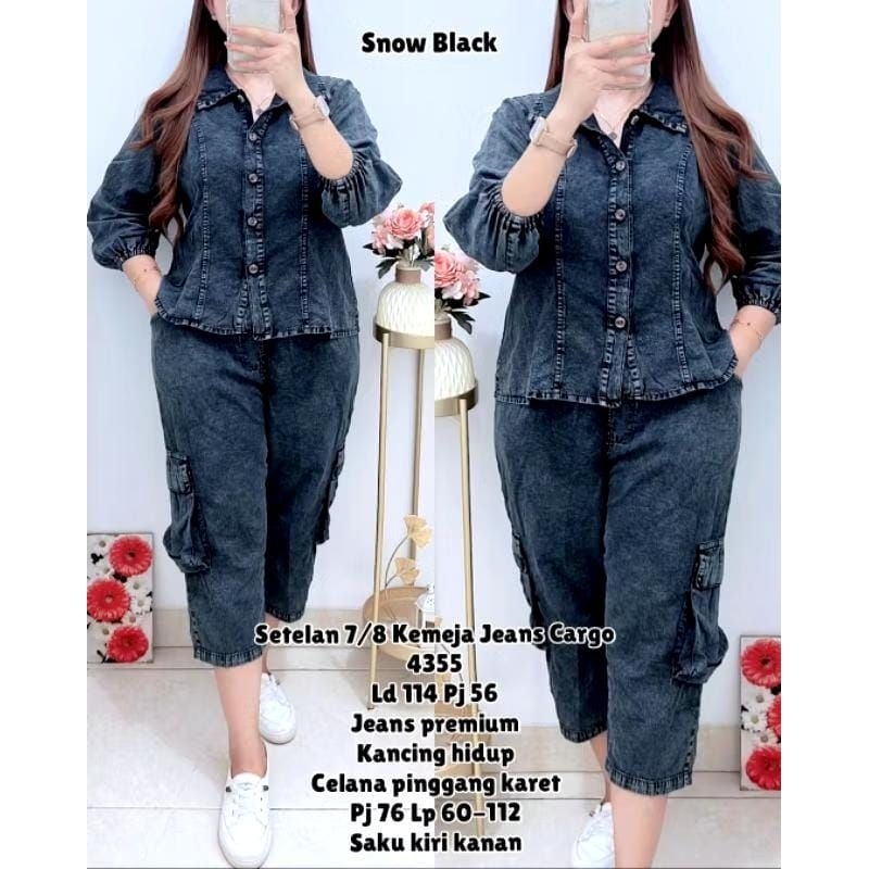 Setelan 7/8 Kemeja Jeans Cargo Kode 4355 Ld 114 Pj 56 Jeans Premium Kancing Hidup Celana Pinggang Ka