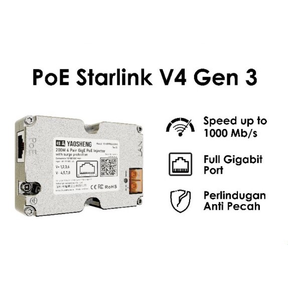 Starlink Ethernet Yaosheng 200W 4-pair GigE PoE injector for Starlink Gen 3