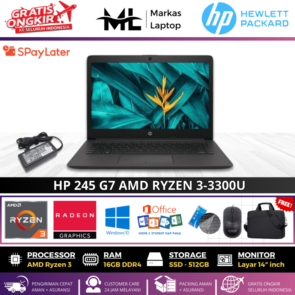 LAPTOP HP 245 G7 AMD RYZEN 3-3300U RAM 16GB SSD 512GB 14"INCH WIN 10