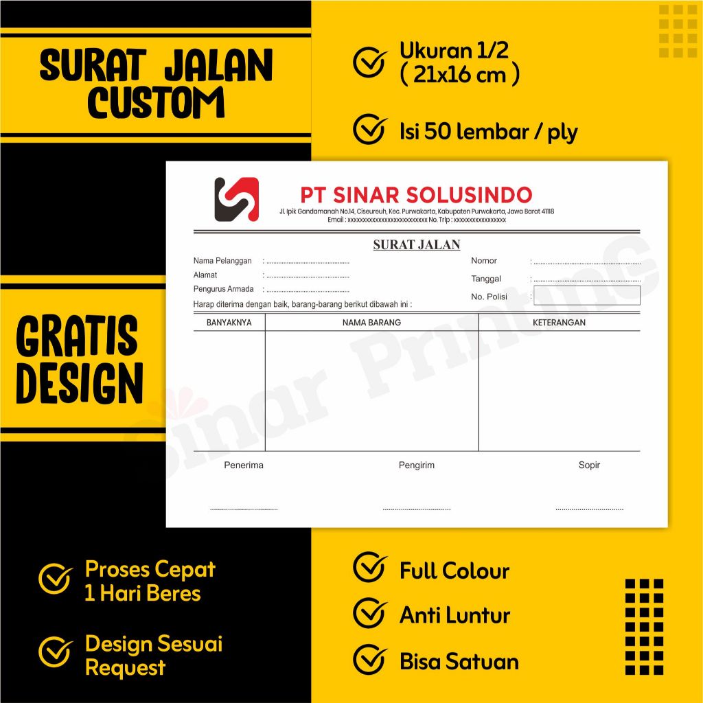 

H7Y Surat Jalan Custom 1 Ply 2 Ply 3 Ply Satuan 1/2 Folio Isi 100 Dan 150