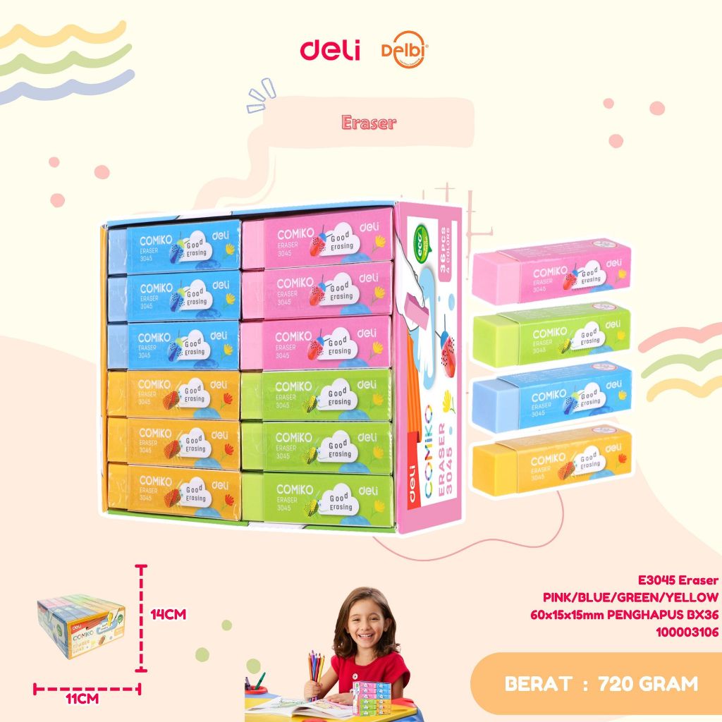 

E3045 Eraser PINK/BLUE/GREEN/YELLOW 60x15x15mm PENGHAPUS