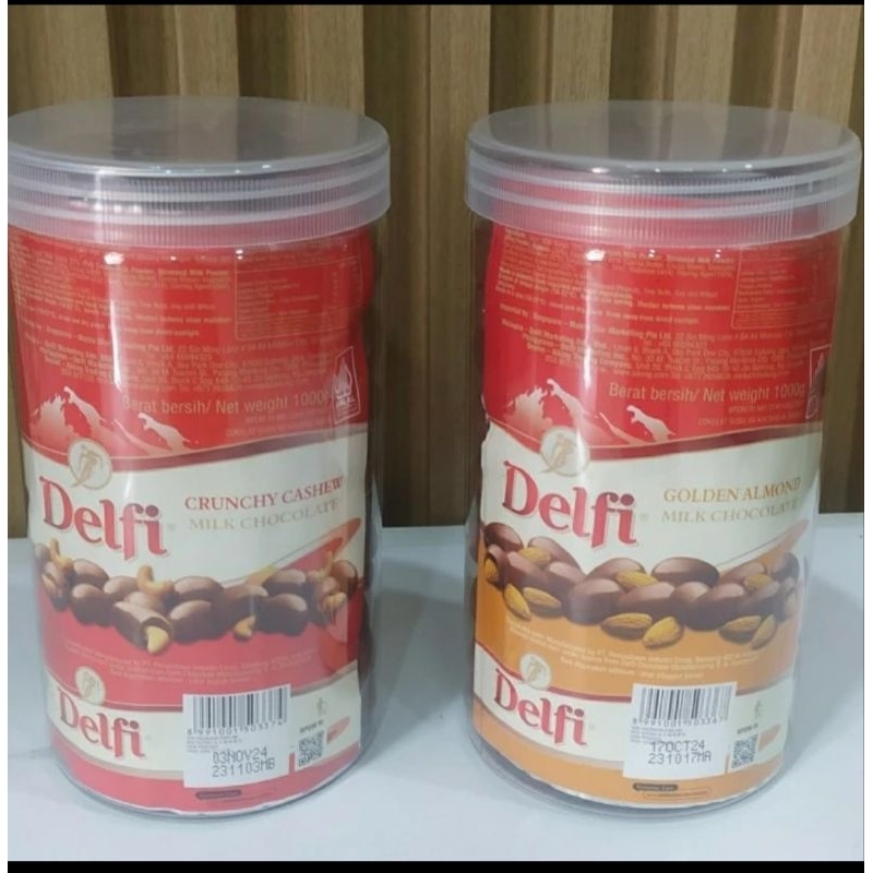 

coklat Delfi almond dan mede kemasan toples tabung 1000ml murah