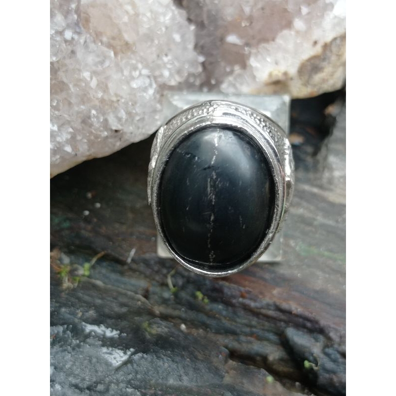 Cincin batu natural fosil kelor serat emas motif banyu mili Jumbo black petrified Wood unik sakral w