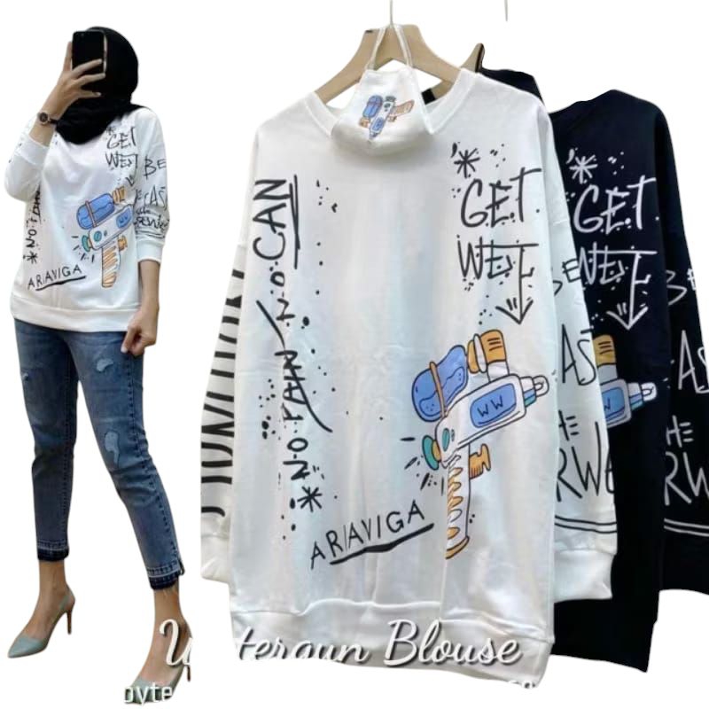 Baju Atasan Wanita Lengan Panjang Watergun Oversize Sweater Kaos Wanita