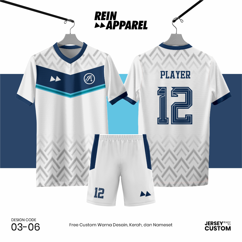 Jersey Bola Futsal Full Printing Kostum Nama/Nomor/Logo - 0306 Putih Biru