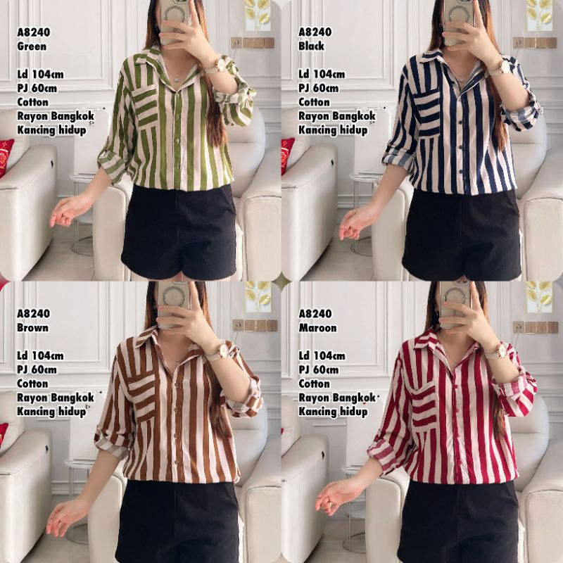 Atasan A8240 Kemeja Salur Cotton Rayon Bangkok - GO