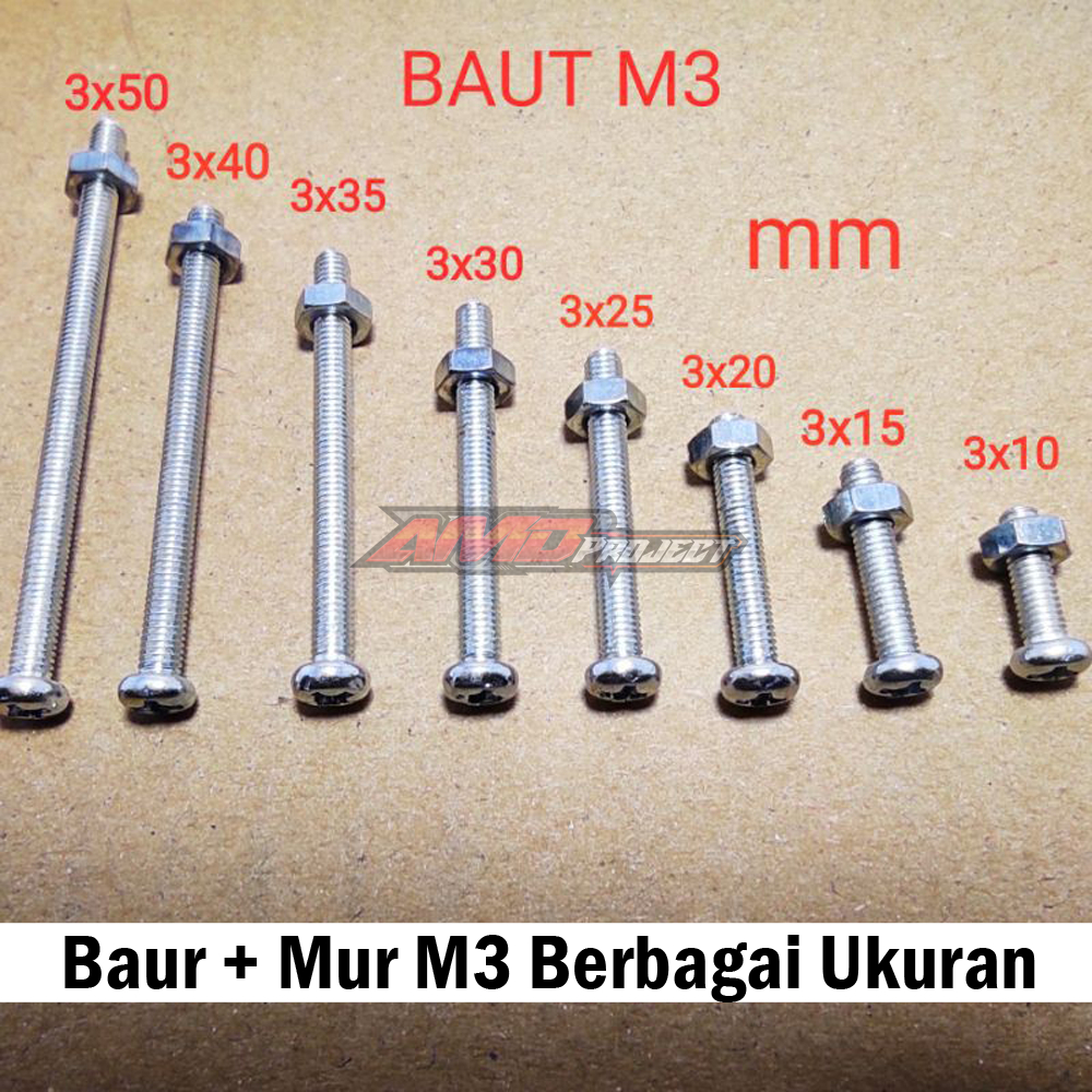 Baut + Mur JP M3 Baut Halus Obeng Plus Kepala Bulat 3mm Panjang 1cm 1,5cm 2cm 3cm 4cm 5cm 6cm