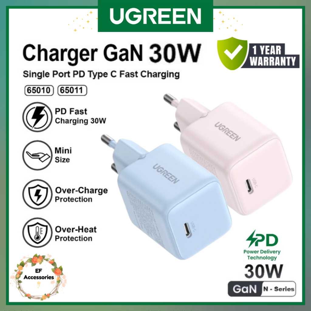 UGREEN N SERIES 30W KEPALA CHARGER PORT TYPE-C PD FAST CHARGING ADAPTOR BATOK CASAN HP ANDROID IPHON