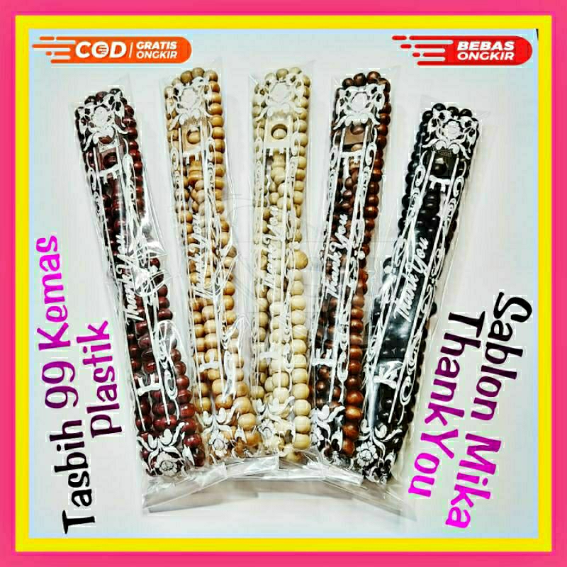 •100 pcs•TASBIH KAYU 99 Butir TASBIH GROSIR Kemas Plastik MIX 5 WARNA SABLON MIKA THANKYOU TASBIH MU