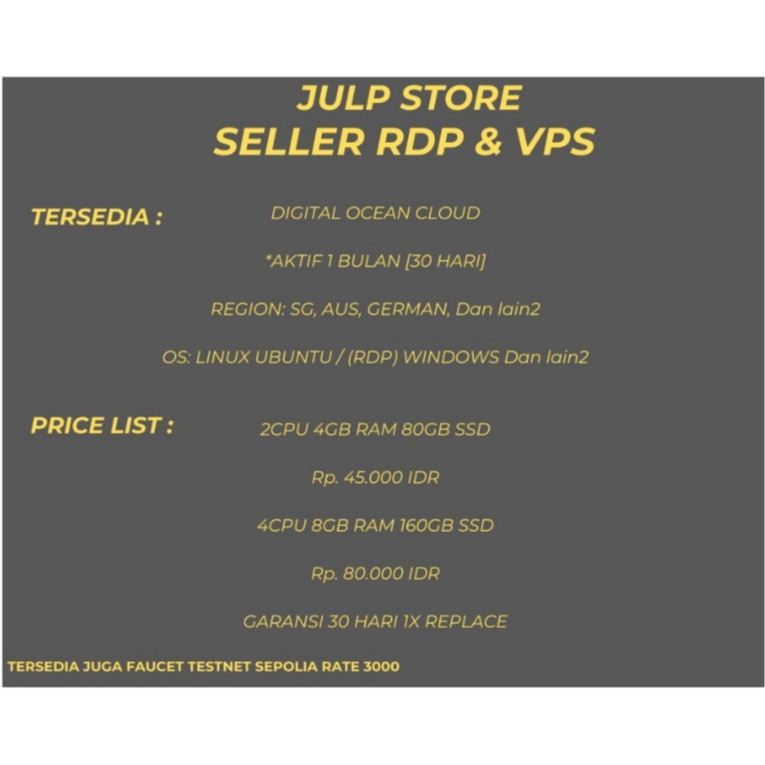 RDP / VPS  Digital Ocean 1 Bulan 2 Core Ram 4gb Windows / Ubuntu Dan dll