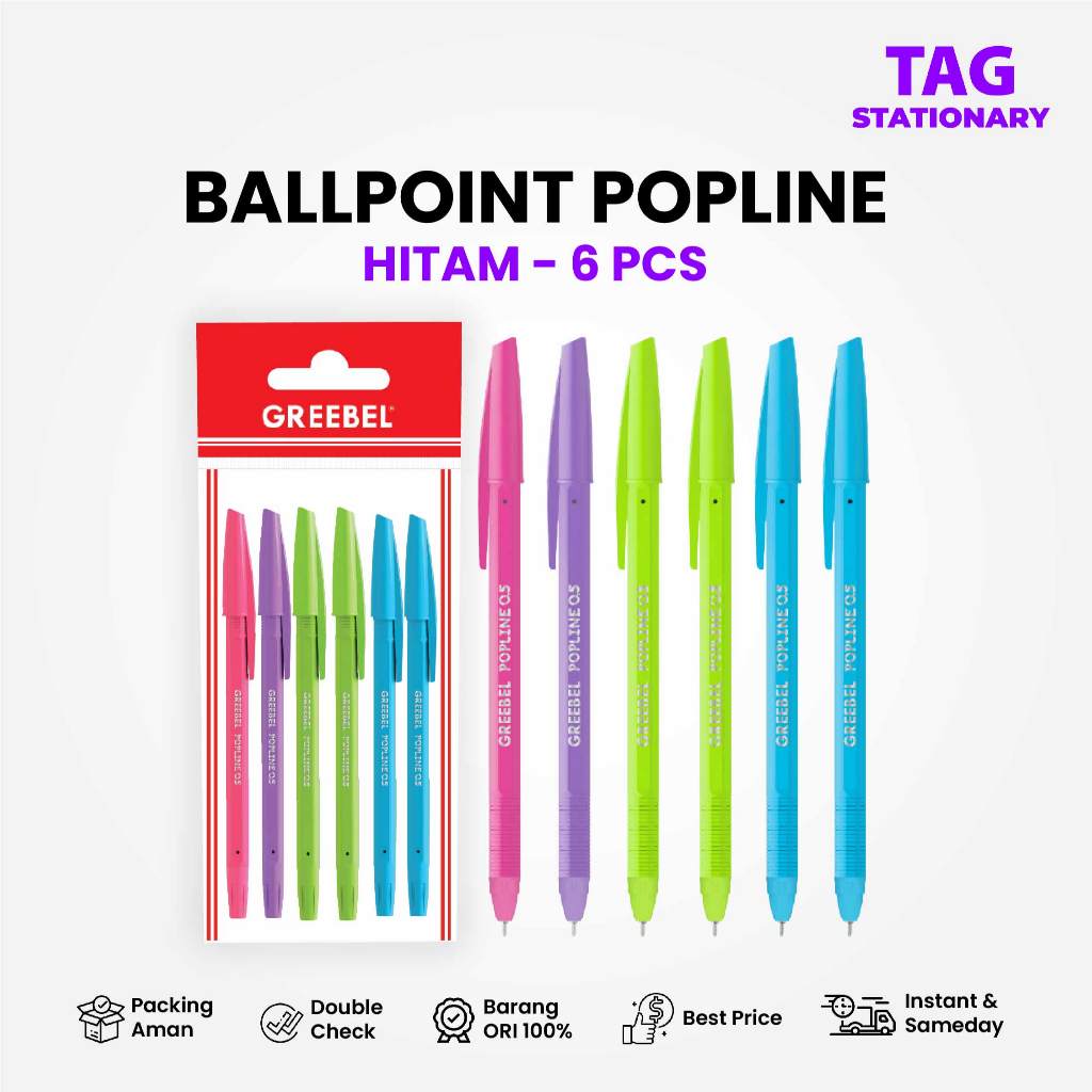 

GREEBEL Pulpen / Ballpen Popline 0.5 Hitam (6 PCS/SET) / Ballpoint Bolpen Pena Timur Agung Grosir